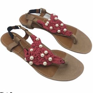 NEW Lanvin Pink Crochet Pearl T-strap Sandals 9 Summer‎ Strap Flat 39